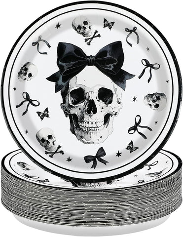 50 pack gothic skeleton paper plates with black bow skull design