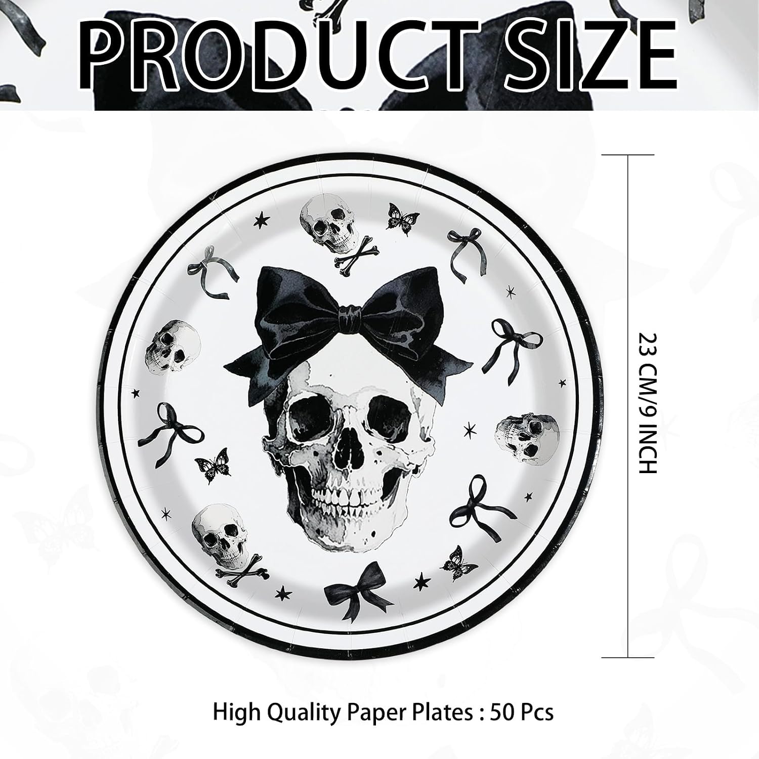 Skull with black bow plate detail and scattered bows