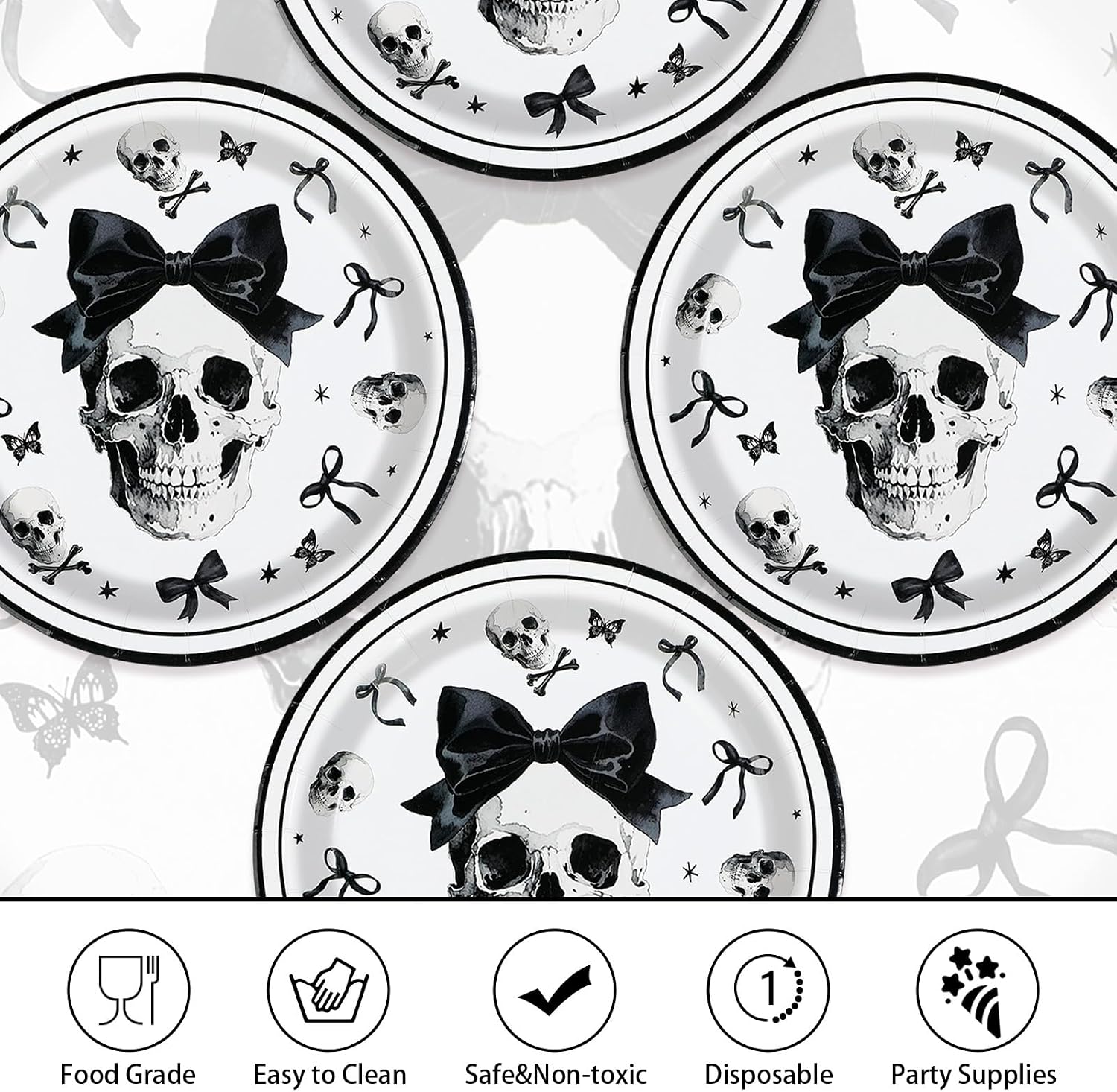 Stack of 9 inch skeleton and bow party plates