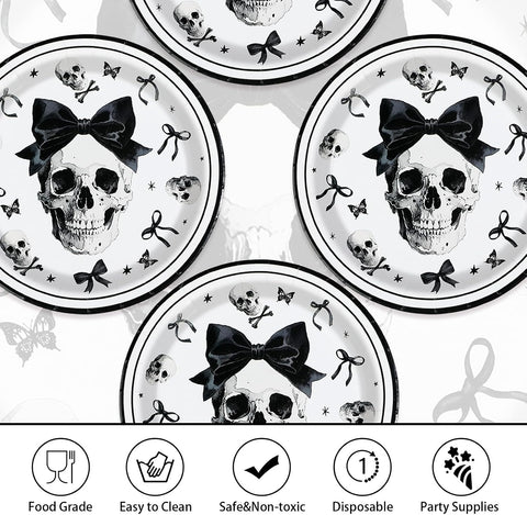 Stack of 9 inch skeleton and bow party plates