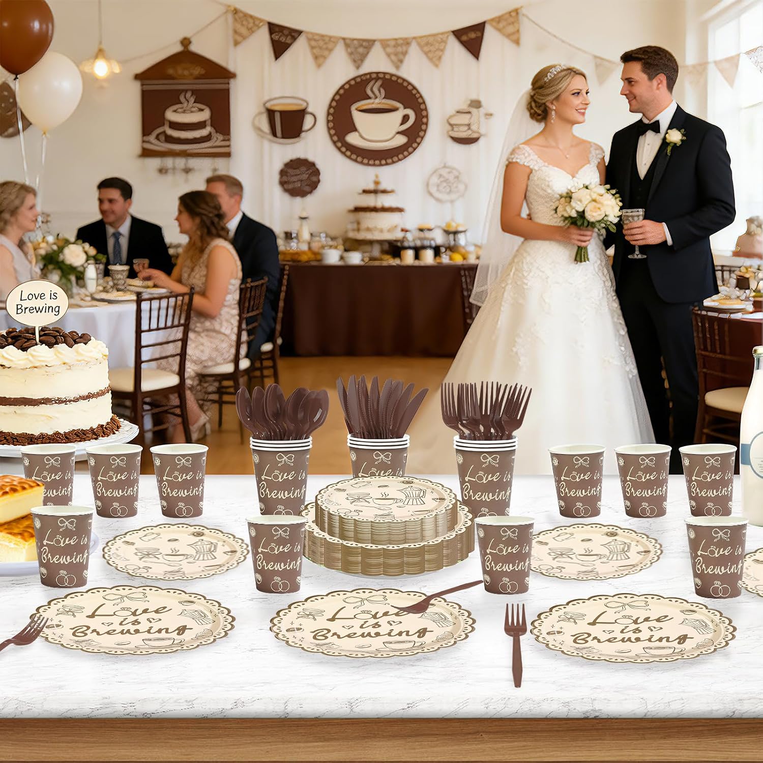 168Pcs Love is Brewing Bridal Party Supplies Serves 24 - Grencian