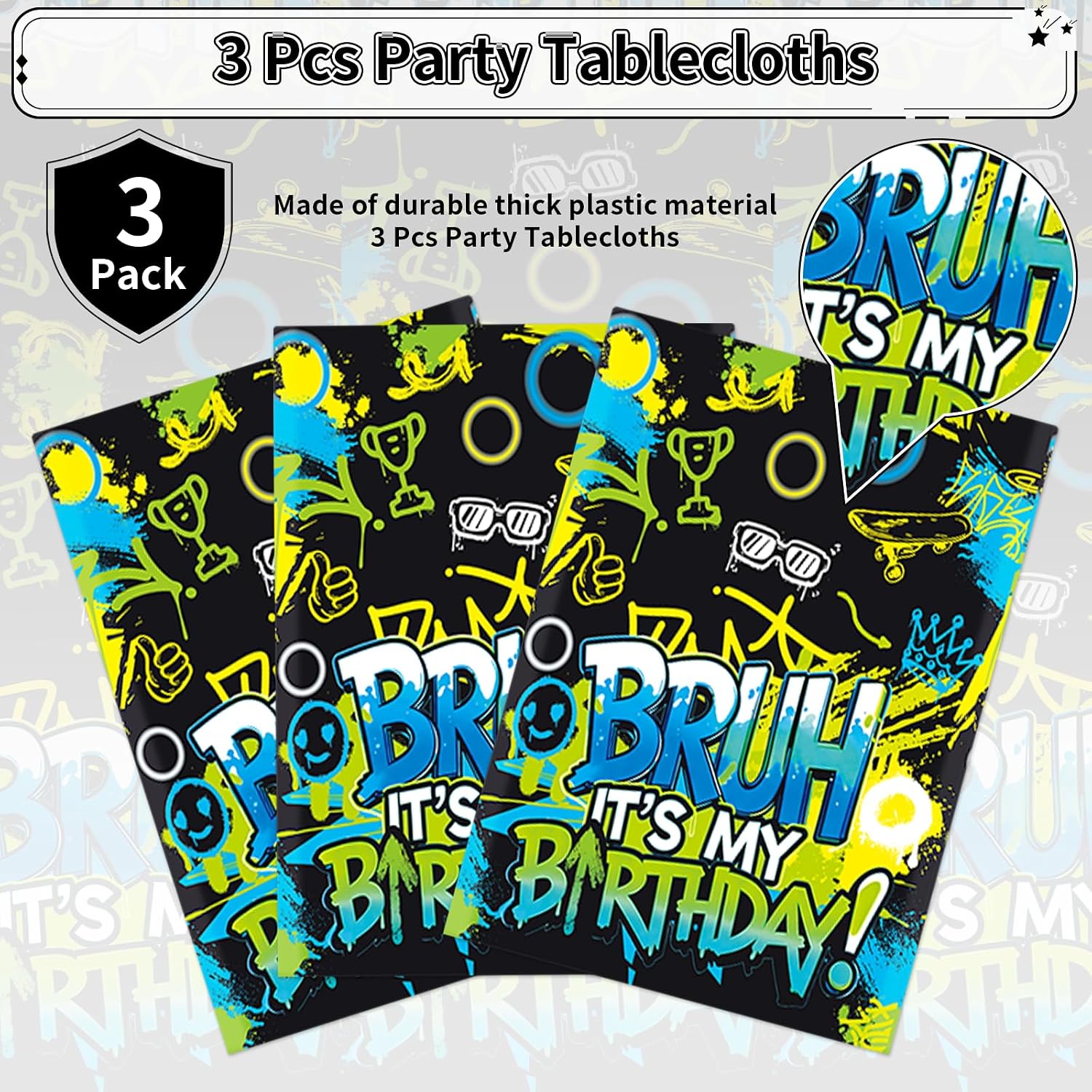 Flat lay of three bruh birthday tablecloths showing blue green neon graffiti pattern