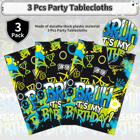 Flat lay of three bruh birthday tablecloths showing blue green neon graffiti pattern