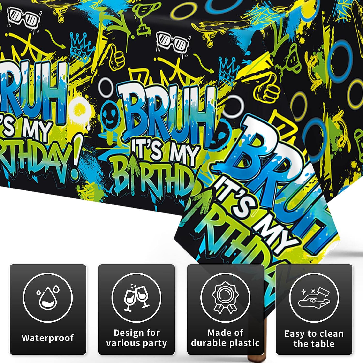 Bruh birthday tablecloth draped on party table with neon graffiti backdrop and party decorations