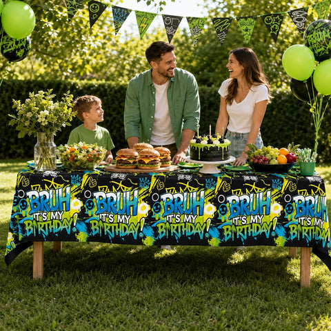 Package contents infographic of Grencian 3-piece bruh birthday tablecloth set with size dimensions