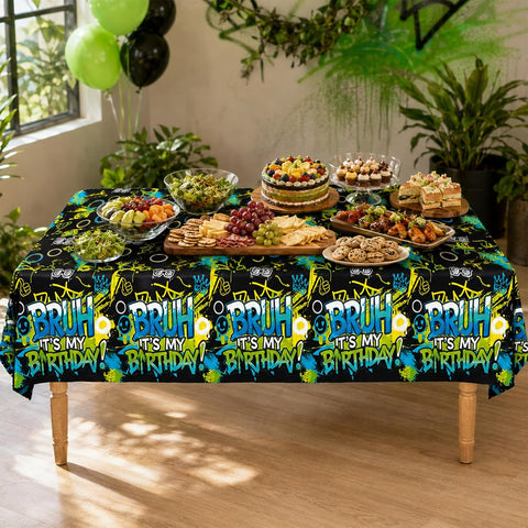 Teen birthday party scene with bruh graffiti tablecloth and matching neon decorations