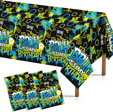 Grencian 3-piece bruh birthday tablecloth set with bold neon graffiti street art design in blue and green