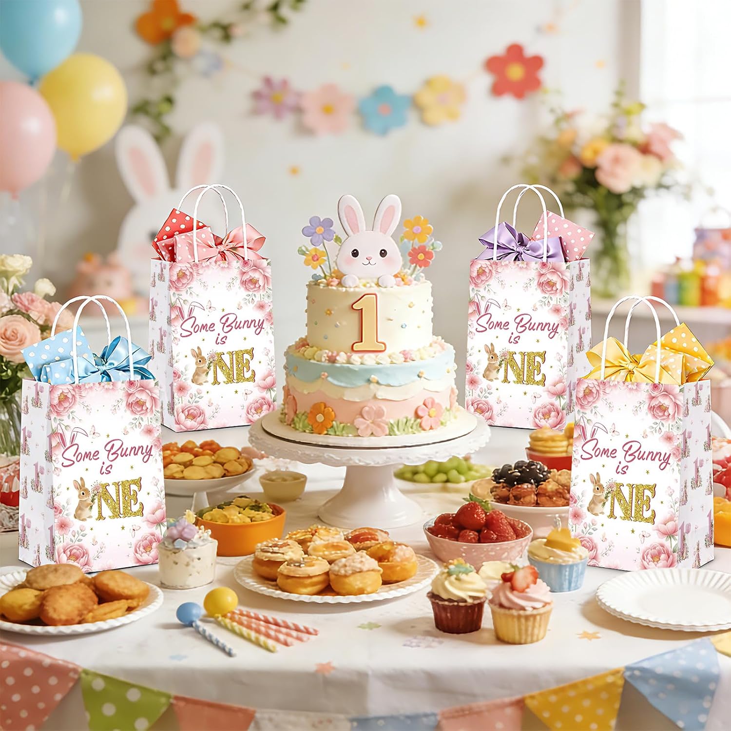 16Pcs Some Bunny is One Goodie Bags Pink Floral - Grencian