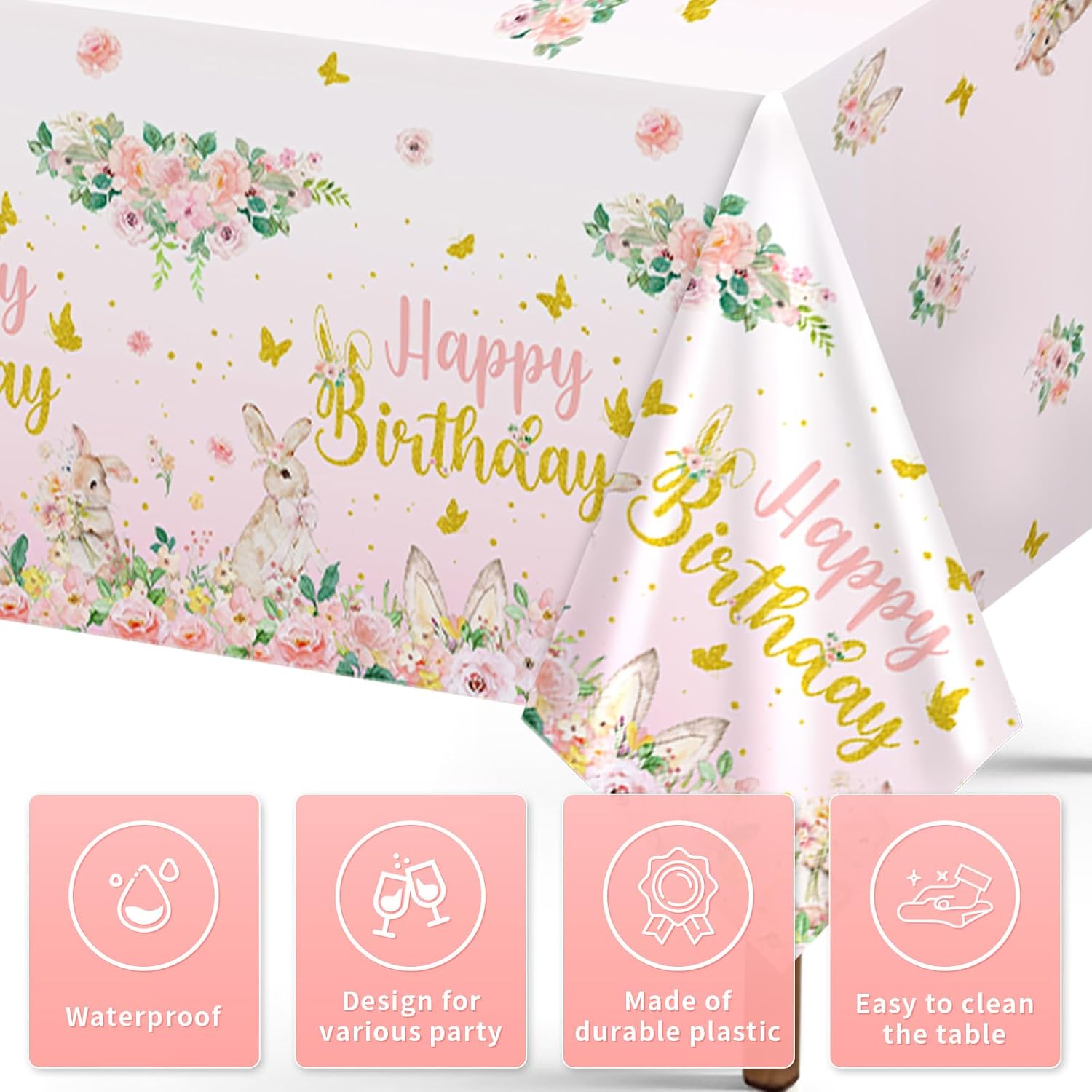 Close-up of pink plastic tablecloth with rabbit and flowers