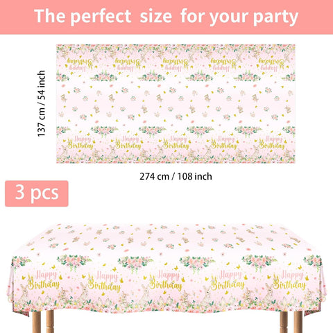 Flat lay of three pink bunny tablecloths with floral pattern