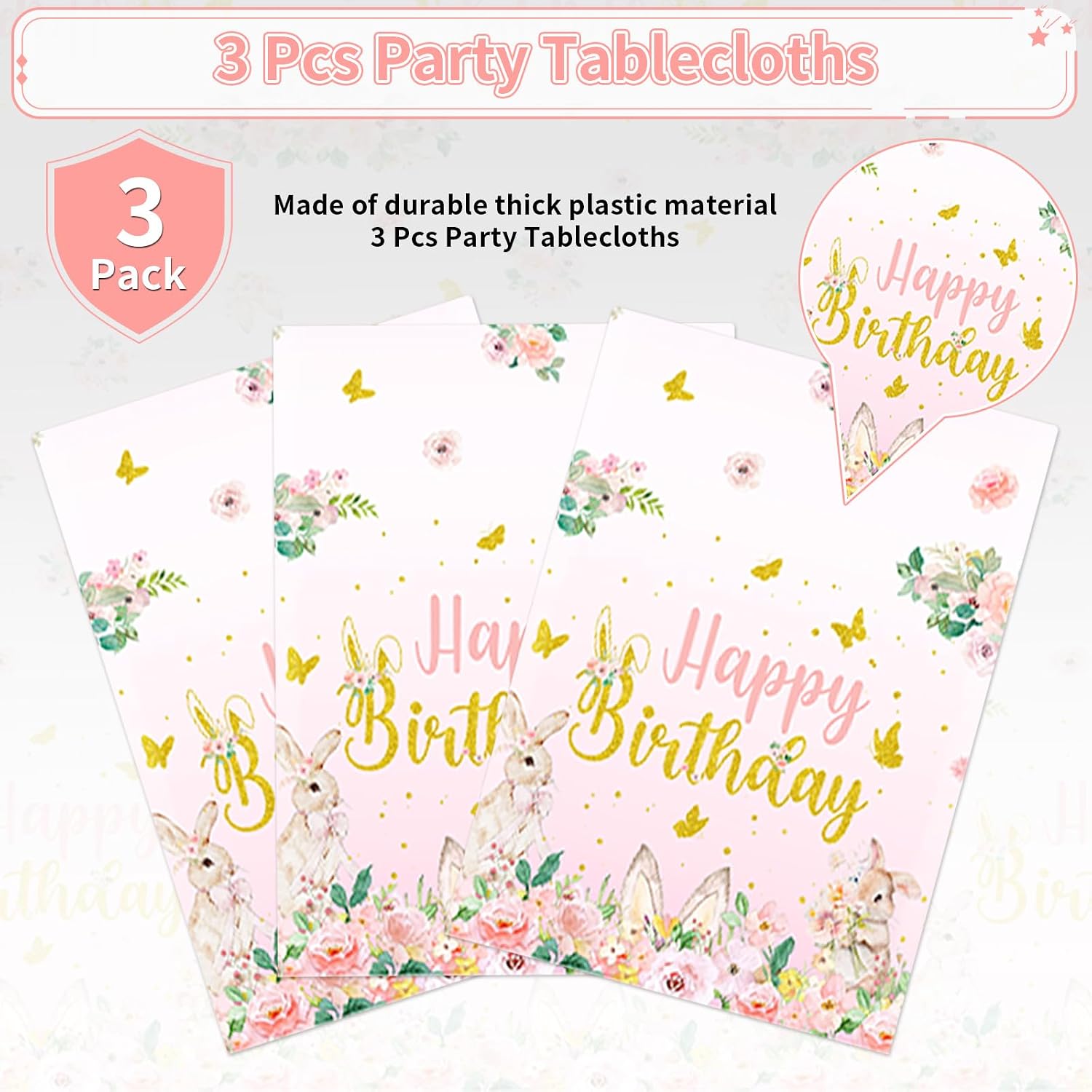Bunny birthday tablecloth draped on party table with spring themed decorations