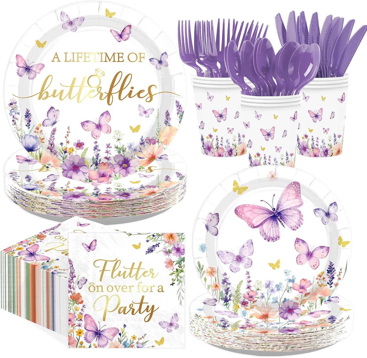168Pcs Butterfly Bridal Shower Supplies Serves 24 - Grencian