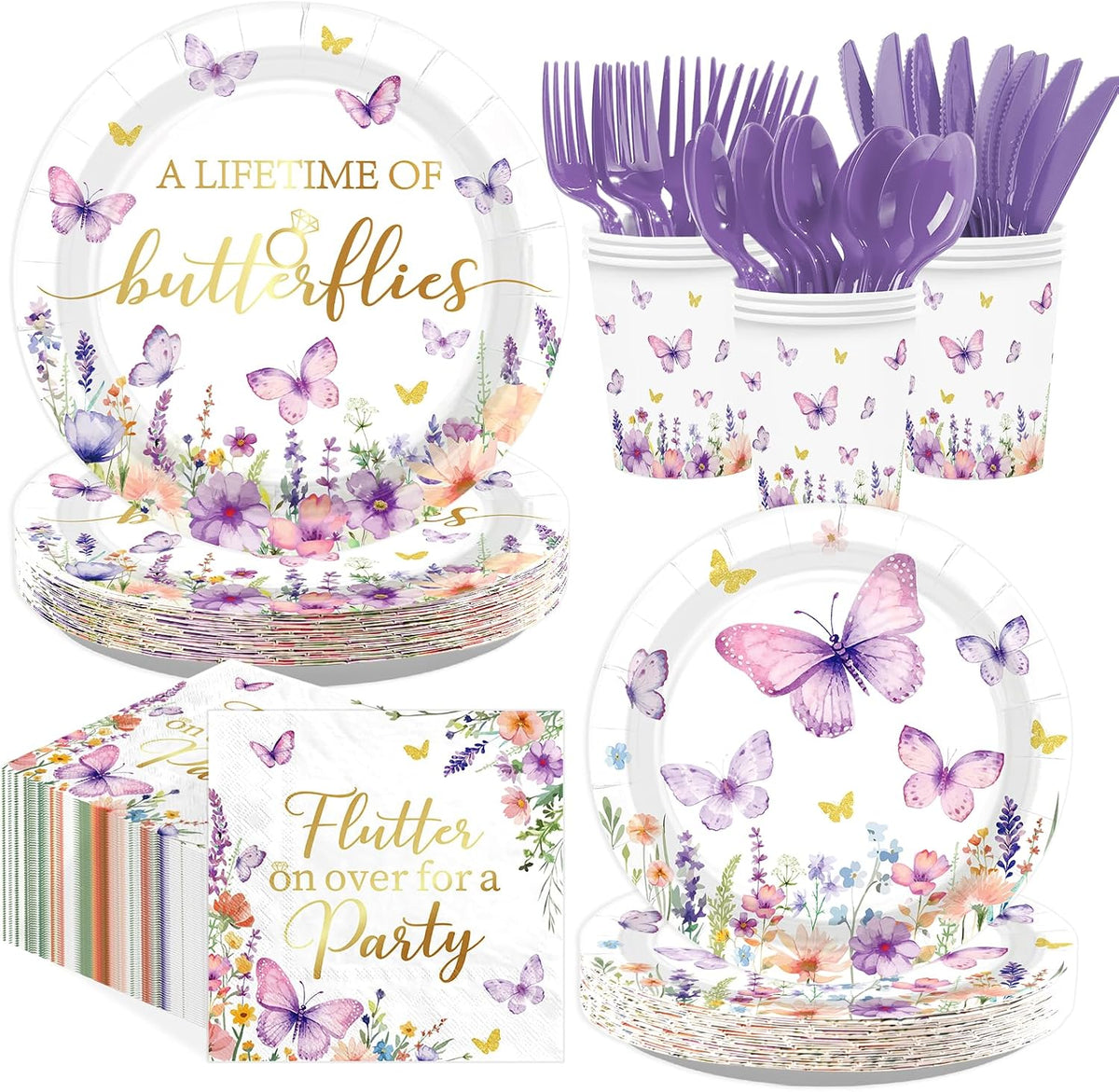 168Pcs Butterfly Bridal Shower Supplies Serves 24 - Grencian