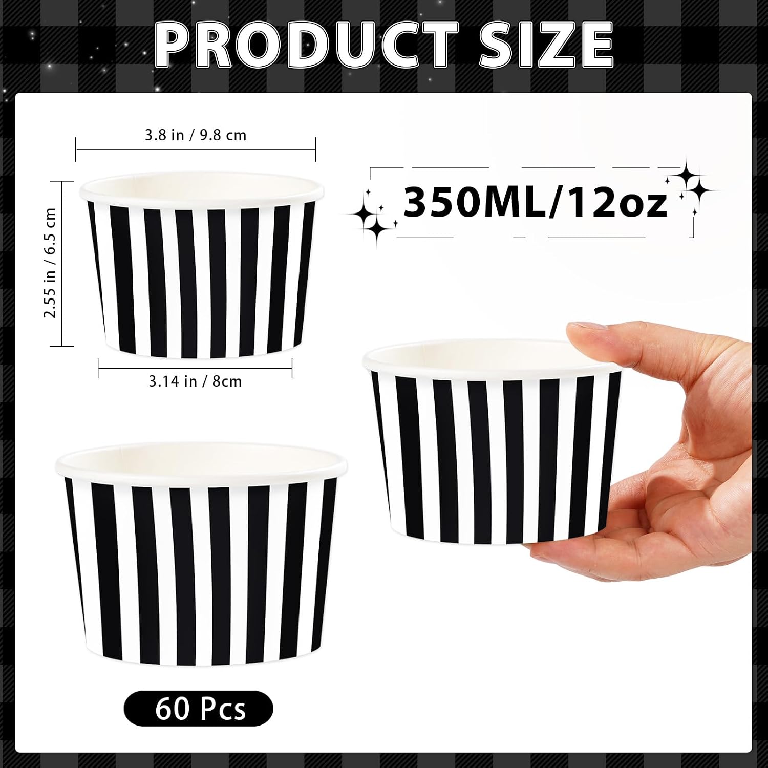 Stack of black white striped ice cream cups