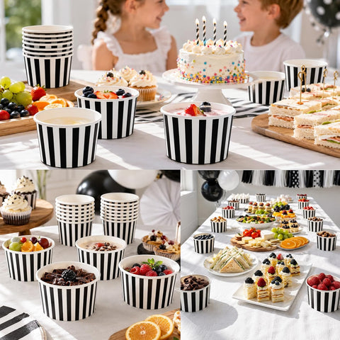 Striped cups filled with ice cream and sprinkles