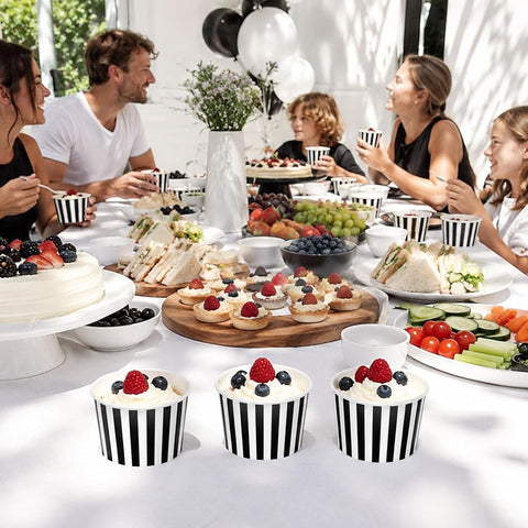 Dessert table styled with the striped treat cups