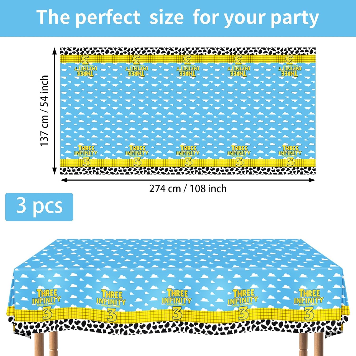 Flat lay of three cartoon 3rd birthday tablecloths featuring rocket and cow print pattern on white background