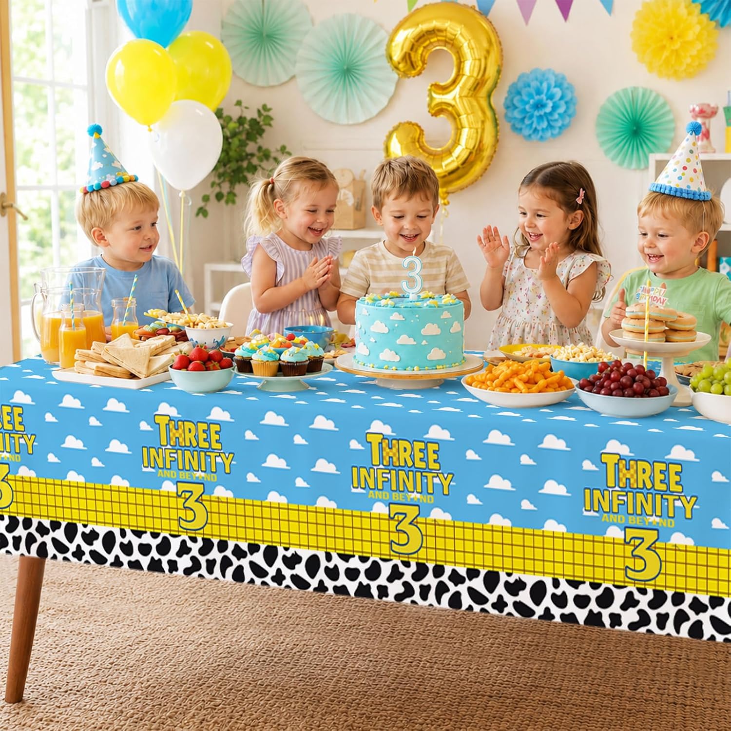 Package contents infographic showing 3 Grencian cartoon 3rd birthday tablecloths and size dimensions