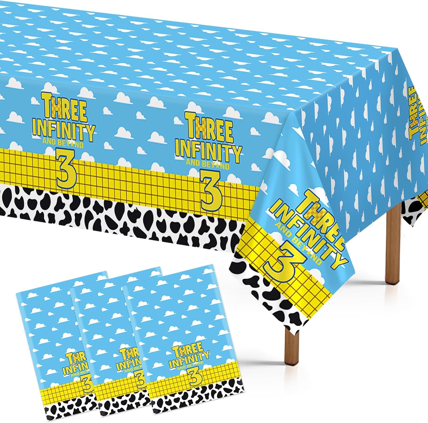 Grencian 3-piece cartoon 3rd birthday tablecloth set with blue sky, white clouds, cow print and rocket design