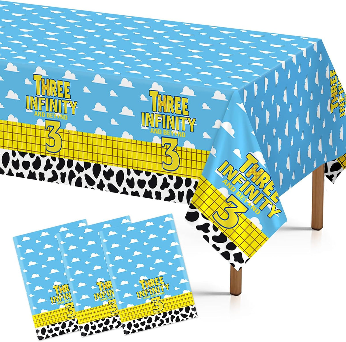 Grencian 3-piece cartoon 3rd birthday tablecloth set with blue sky, white clouds, cow print and rocket design