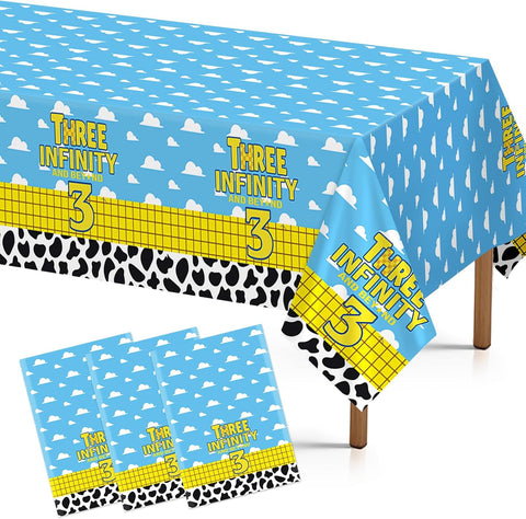 Grencian 3-piece cartoon 3rd birthday tablecloth set with blue sky, white clouds, cow print and rocket design