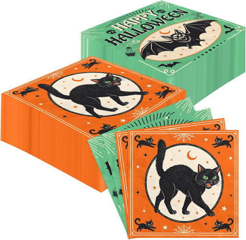 50 pack vintage Halloween paper napkins with retro cat and bat design