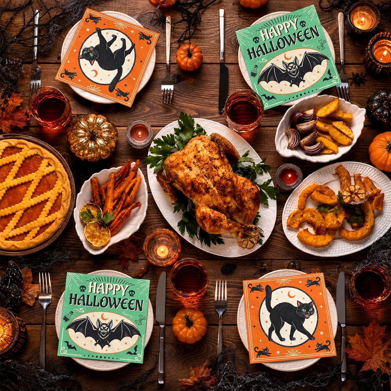 Retro cat and bat napkin detail in orange and green