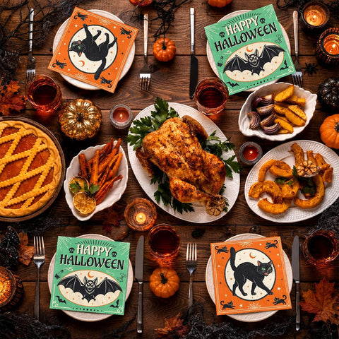 Retro cat and bat napkin detail in orange and green