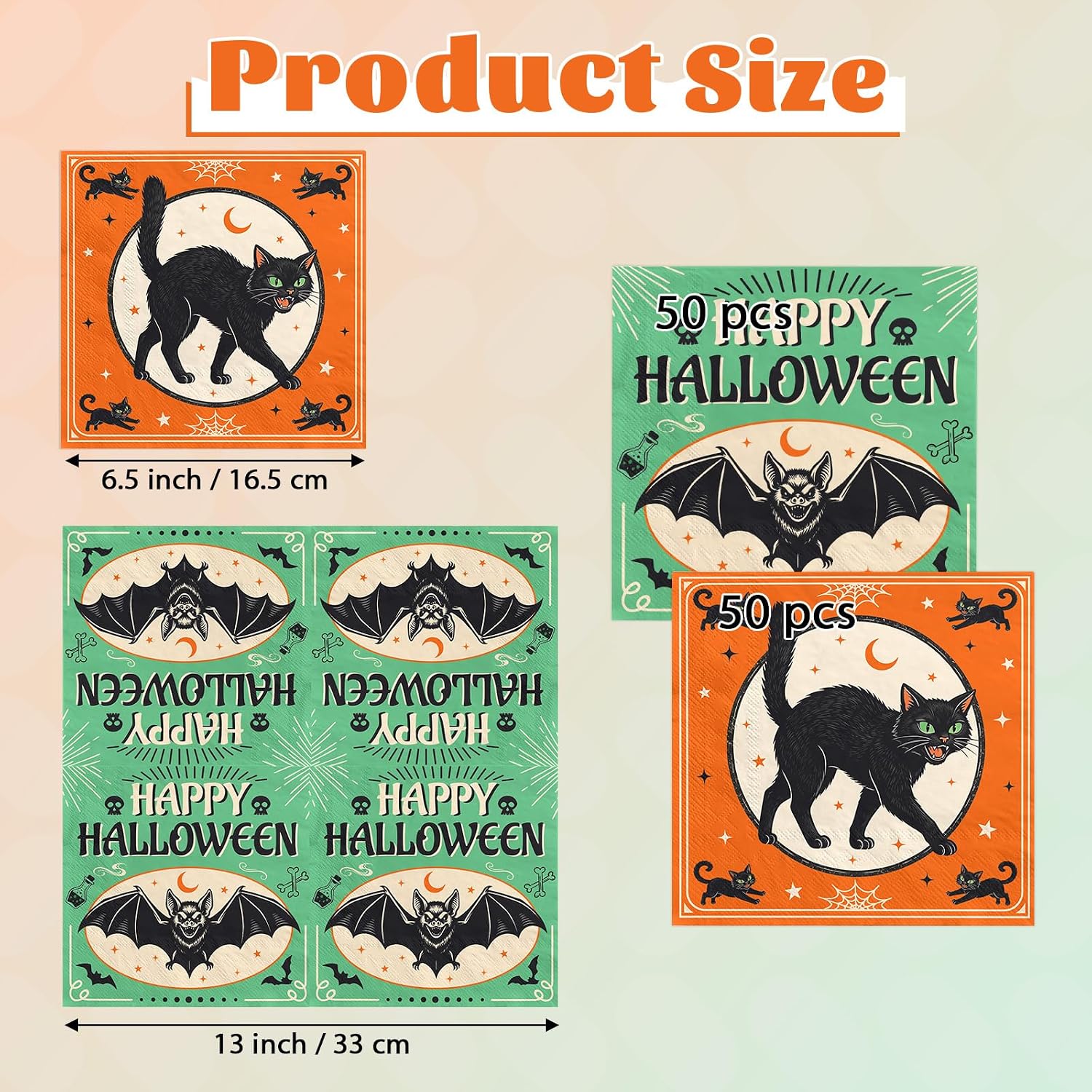 Napkin stack showing the spooky cat and bat print