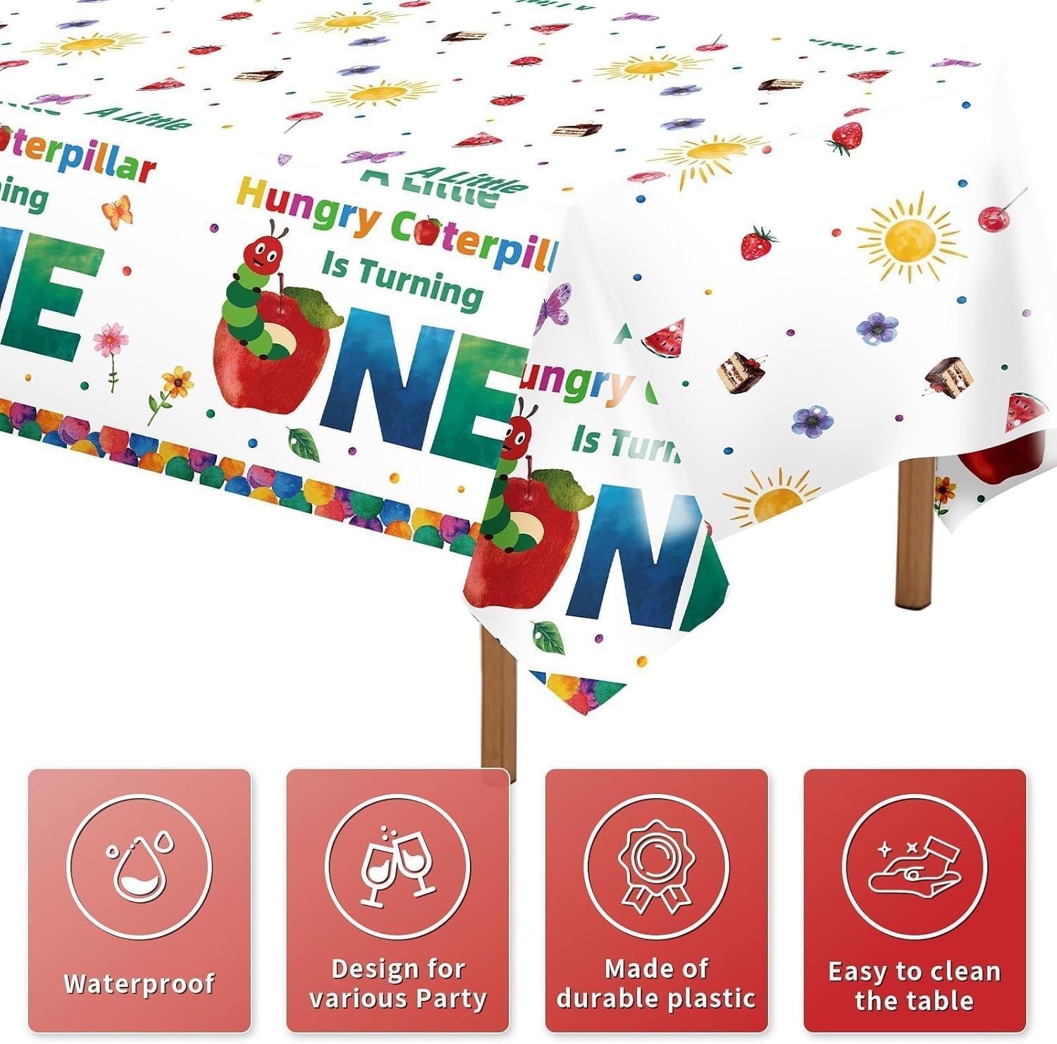 Close-up of hungry caterpillar 1st birthday plastic tablecloth with one year lettering and caterpillar illustration