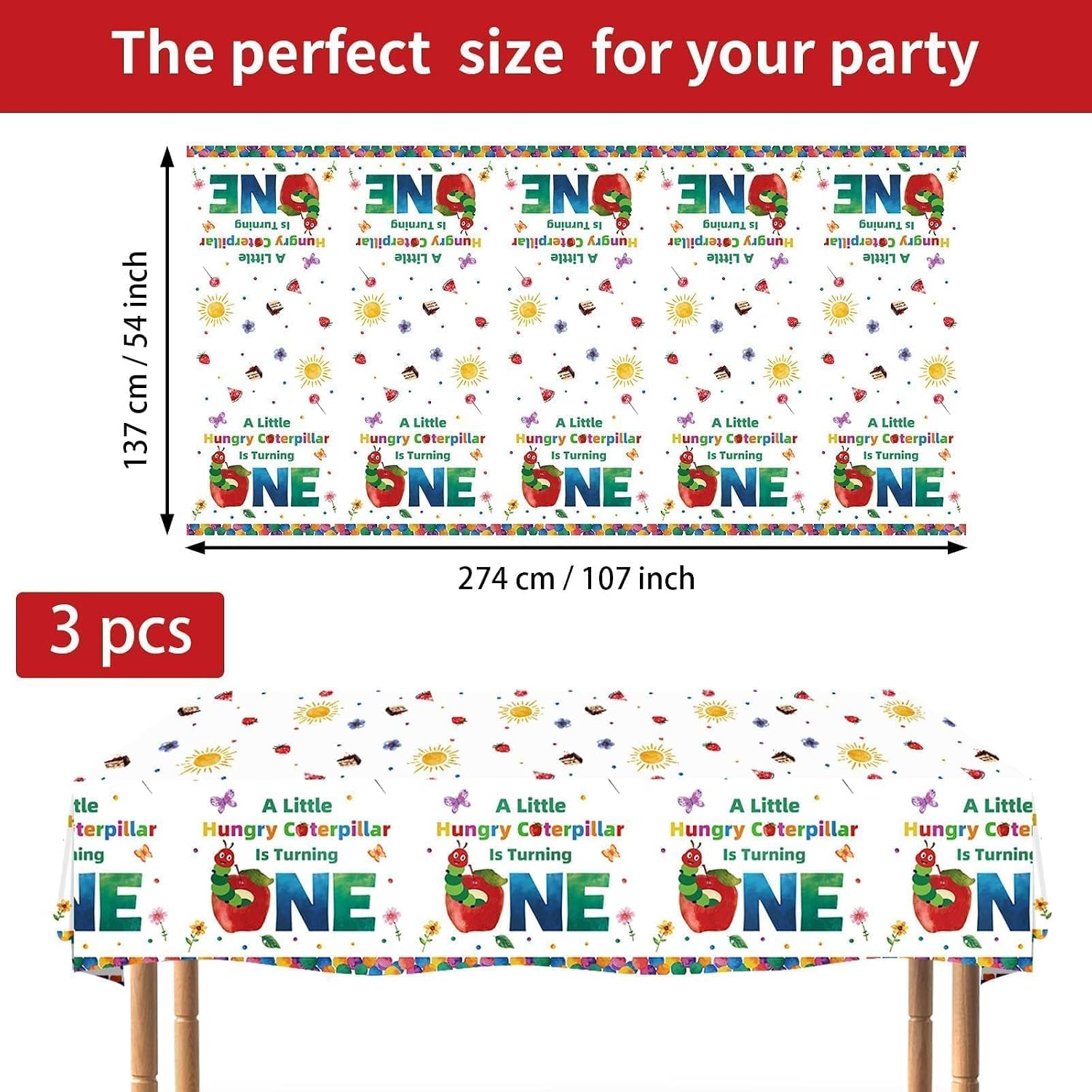 Flat lay of three caterpillar 1st birthday tablecloths showing white background with colorful caterpillar pattern