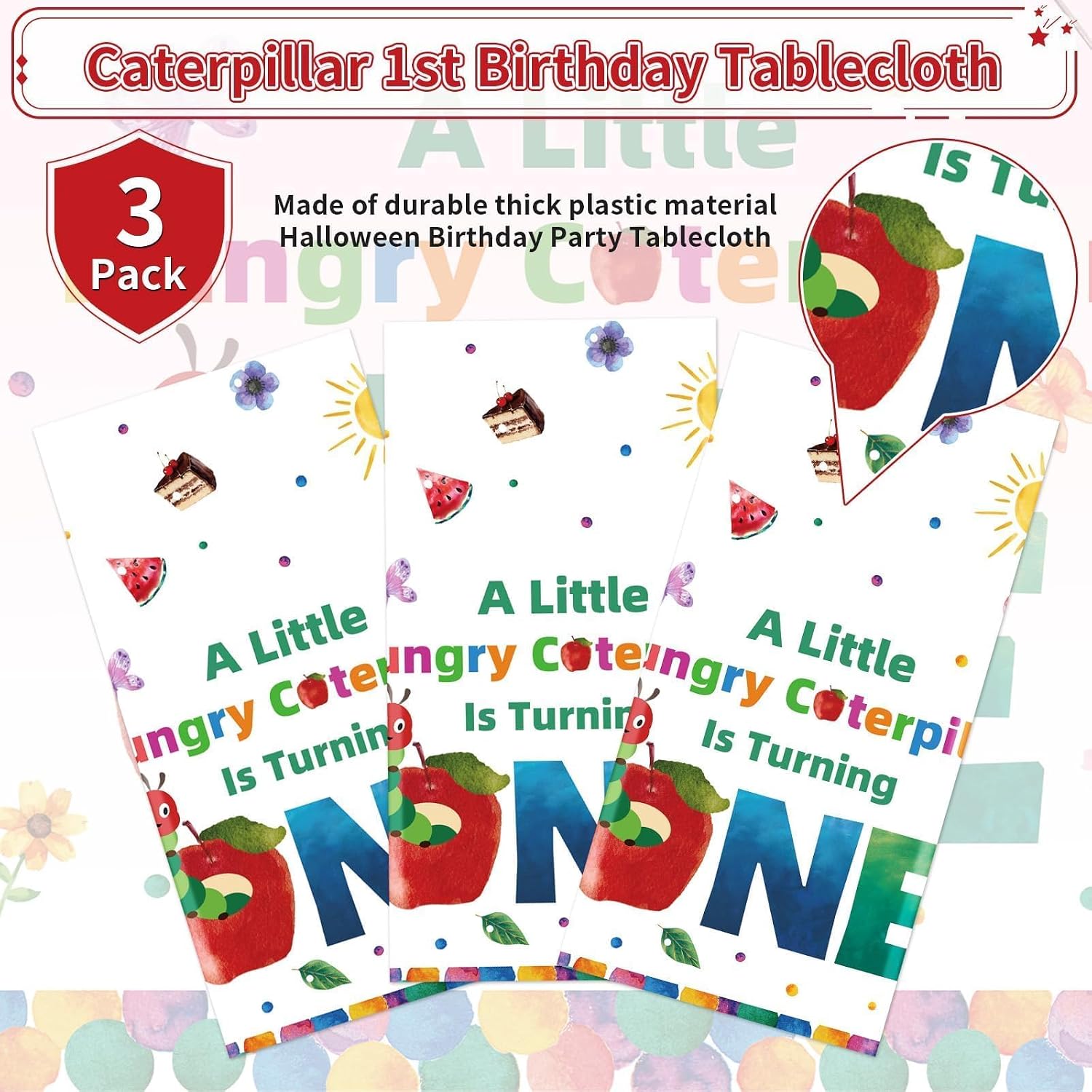 Caterpillar 1st birthday tablecloth draped on party table with matching storybook themed decorations