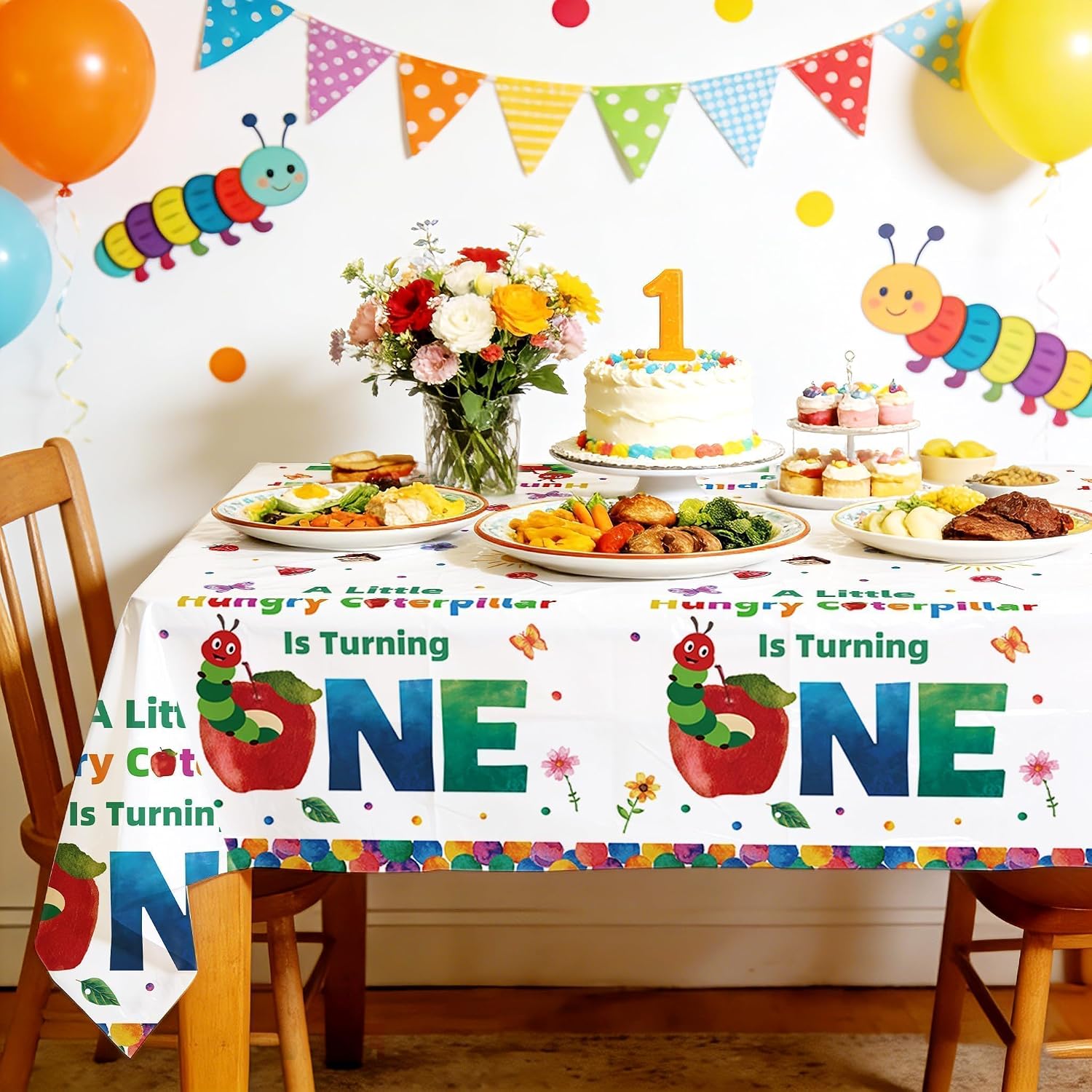 Package contents infographic showing 3 Grencian caterpillar 1st birthday tablecloths and size dimensions