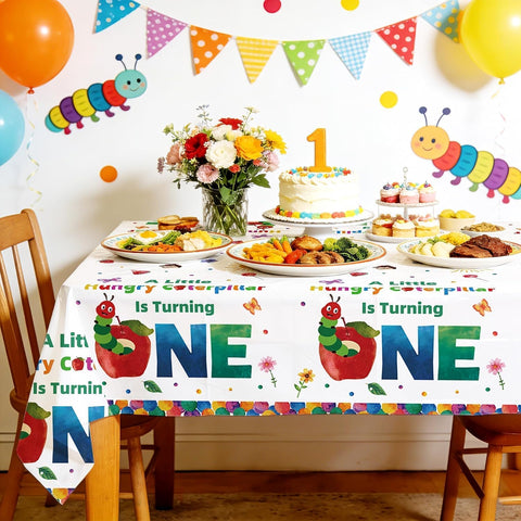Package contents infographic showing 3 Grencian caterpillar 1st birthday tablecloths and size dimensions