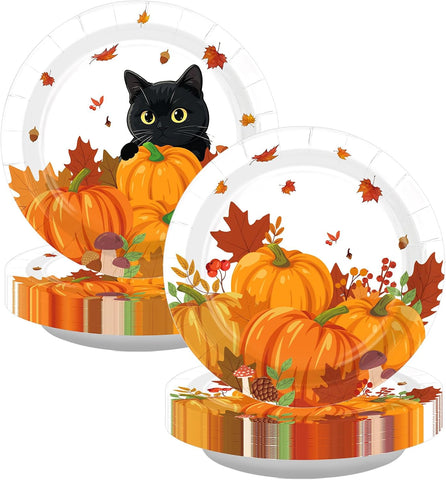 50 pack fall black cat pumpkin paper plates 9 inch