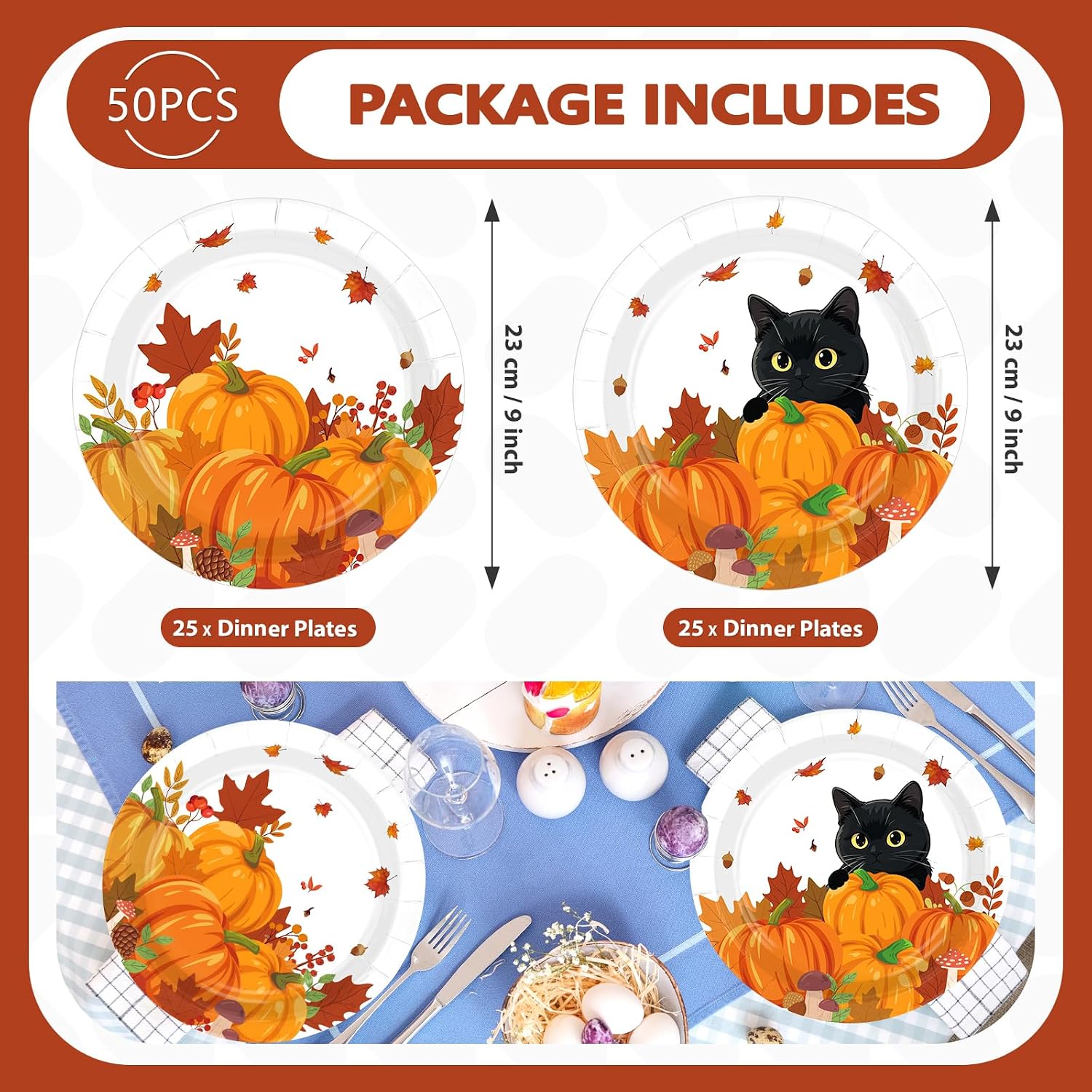 Black cat plate with pumpkins and falling leaves