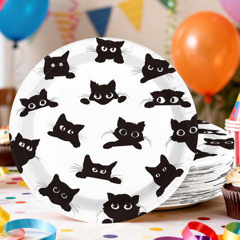 Stack of black cat themed paper plates
