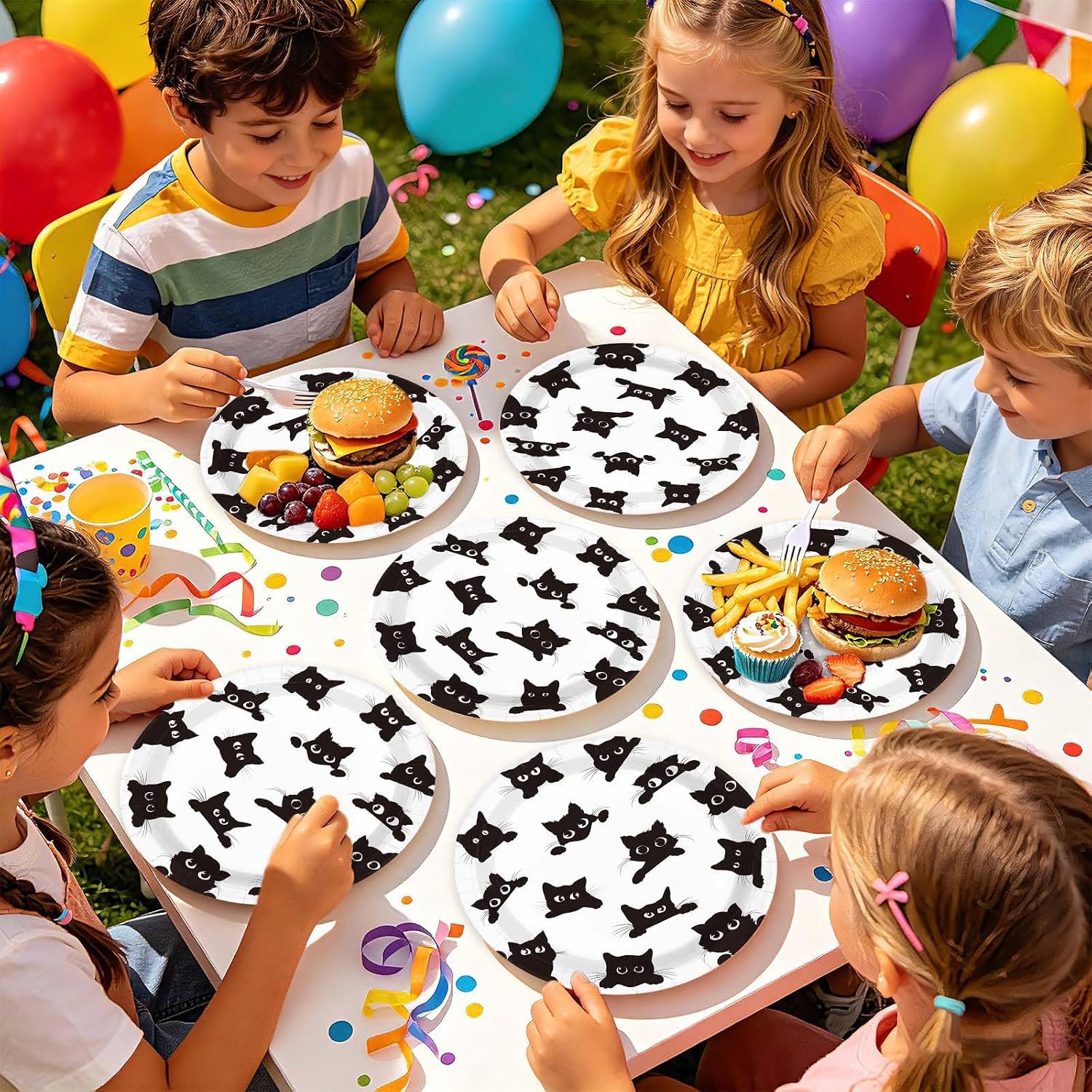 Party table styled with the black cat plates