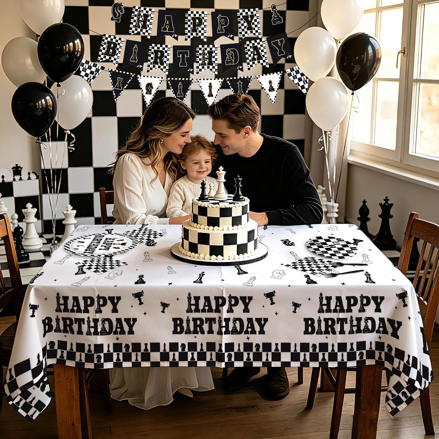 Chess Birthday Party Supplies 99 Pcs Serves 24 Black White - Grencian