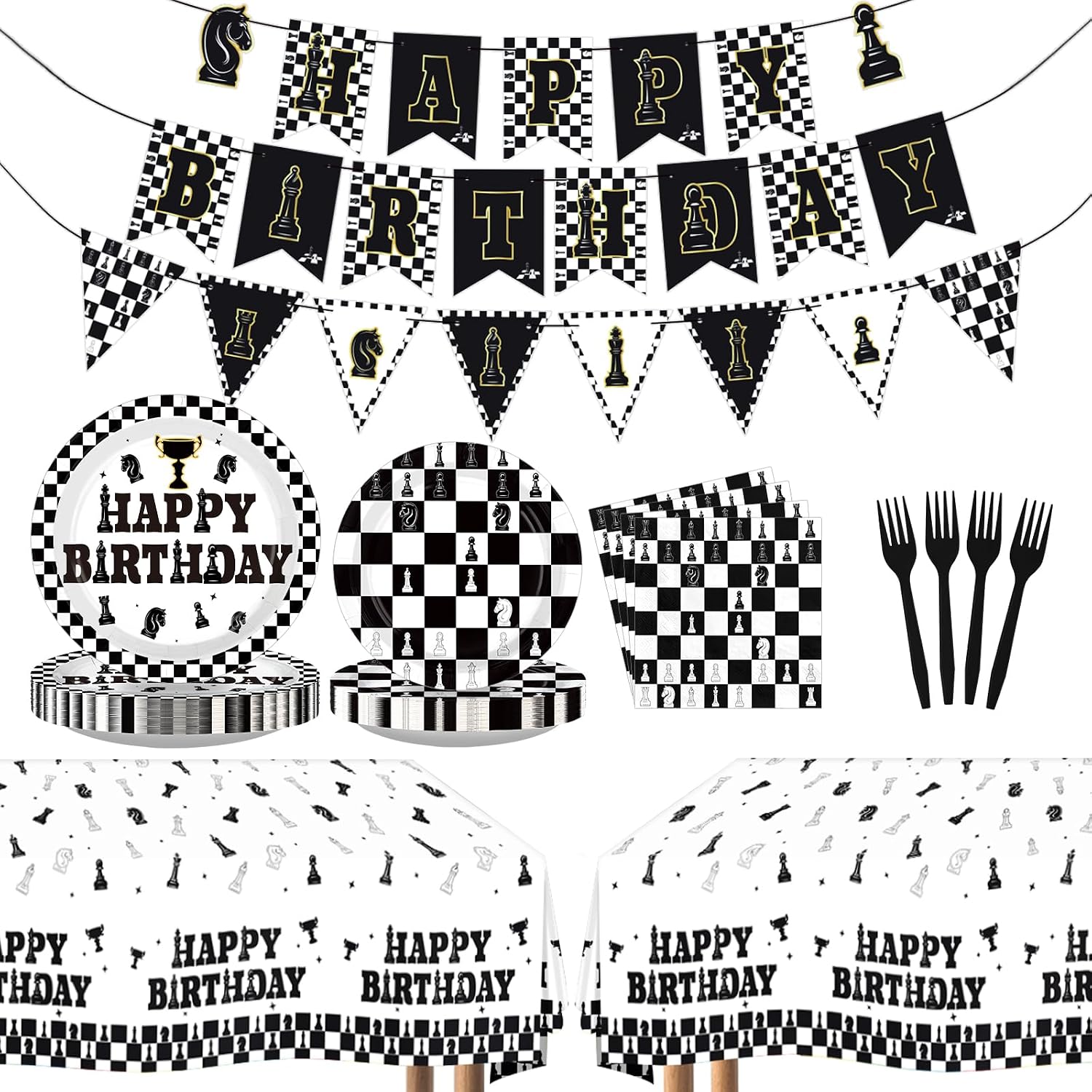Chess Birthday Party Supplies 99 Pcs Serves 24 Black White - Grencian