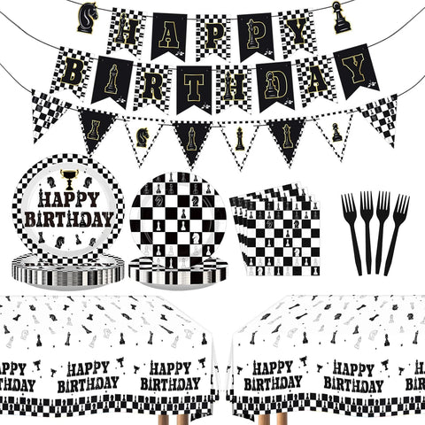 Chess Birthday Party Supplies 99 Pcs Serves 24 Black White - Grencian
