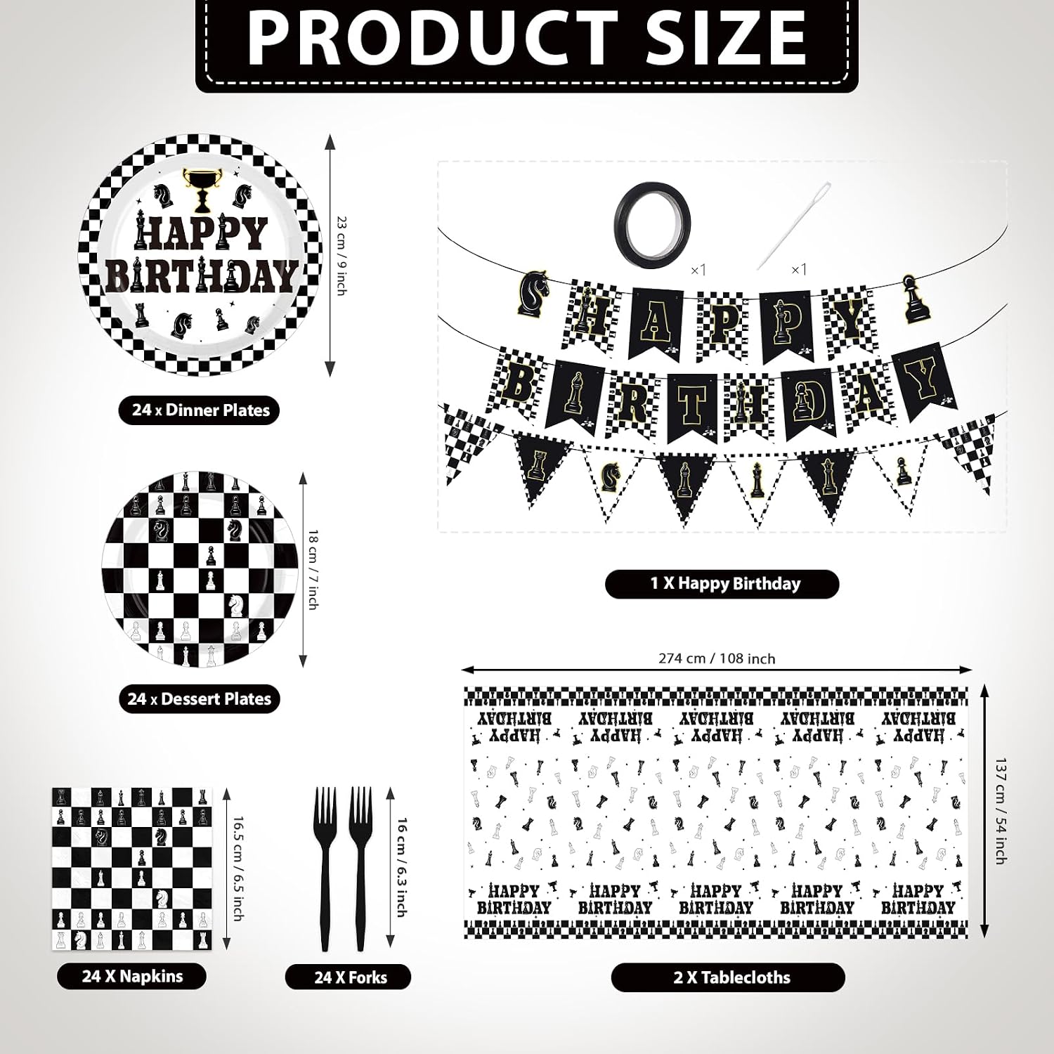 Chess Birthday Party Supplies 99 Pcs Serves 24 Black White - Grencian