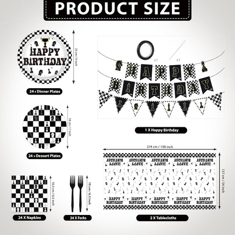 Chess Birthday Party Supplies 99 Pcs Serves 24 Black White - Grencian
