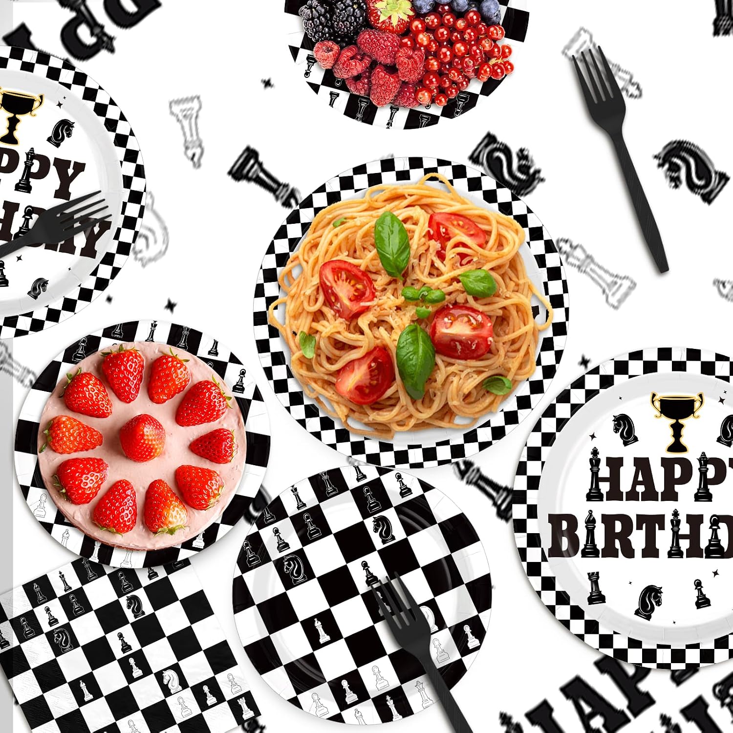 Chess Birthday Party Supplies 99 Pcs Serves 24 Black White - Grencian