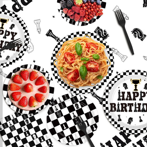 Chess Birthday Party Supplies 99 Pcs Serves 24 Black White - Grencian