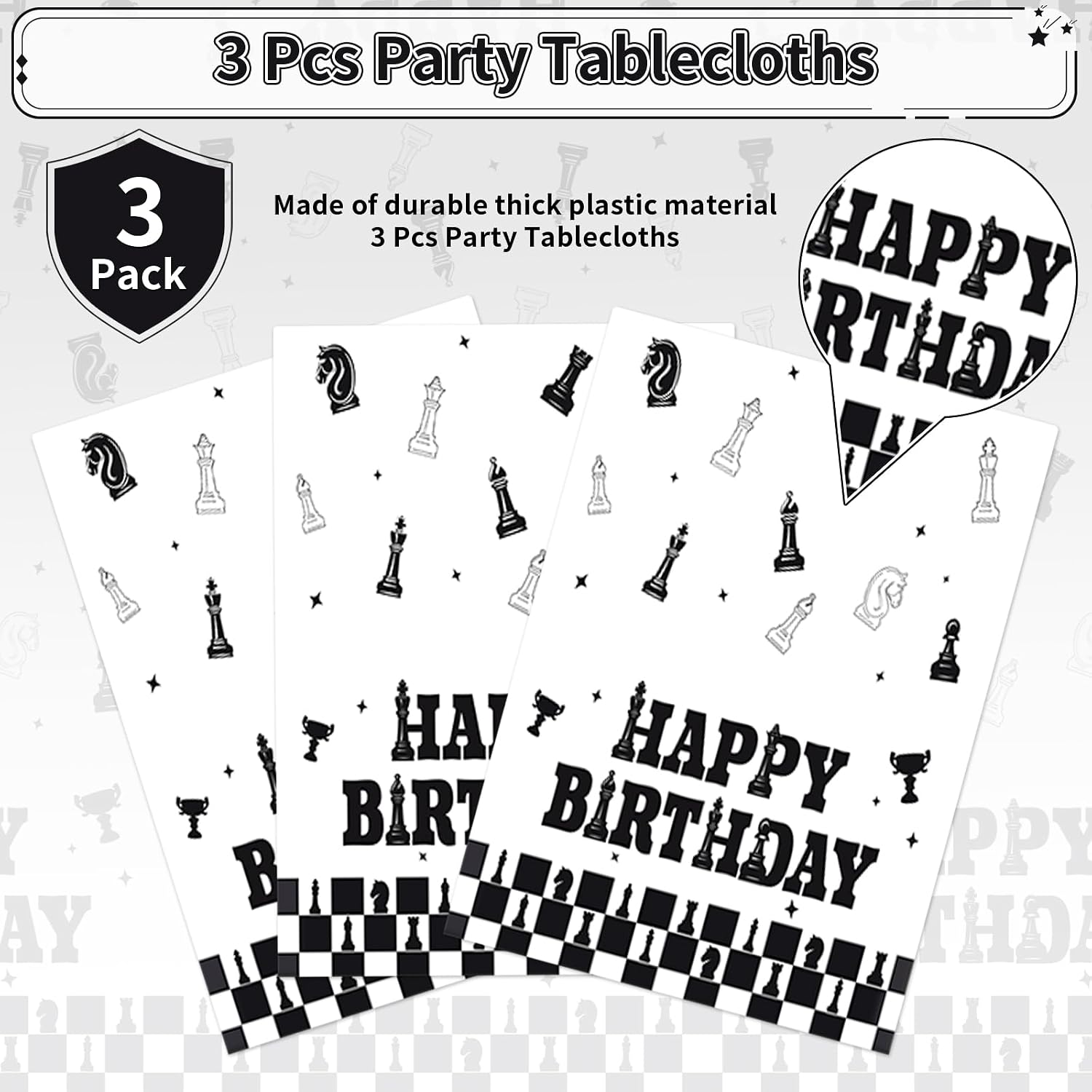 Chess birthday tablecloth draped on party table with matching board game themed decorations