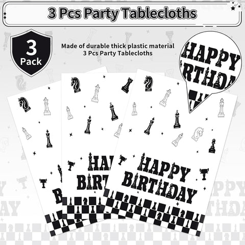 Chess birthday tablecloth draped on party table with matching board game themed decorations