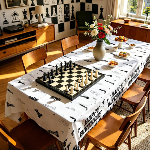 Chess themed birthday party scene with checkered tablecloth and chess piece decorations