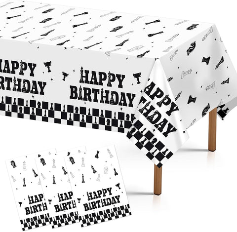 Grencian 3-piece chess birthday tablecloth set with black and white checkered chessboard pattern and chess pieces