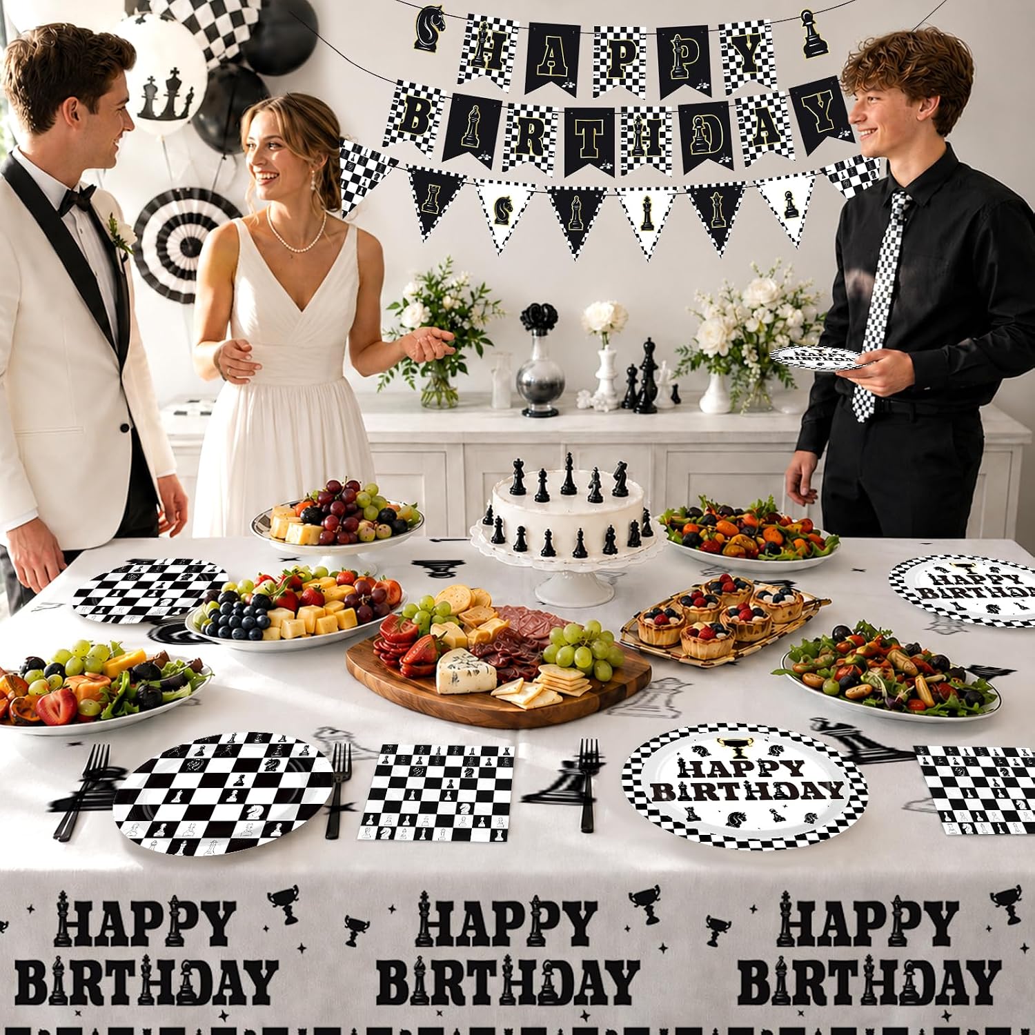 Chess Birthday Party Supplies 99 Pcs Serves 24 Black White - Grencian